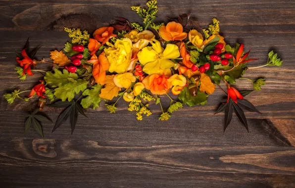 Осень, листья, цветы, wood, flowers, autumn, leaves, композиция