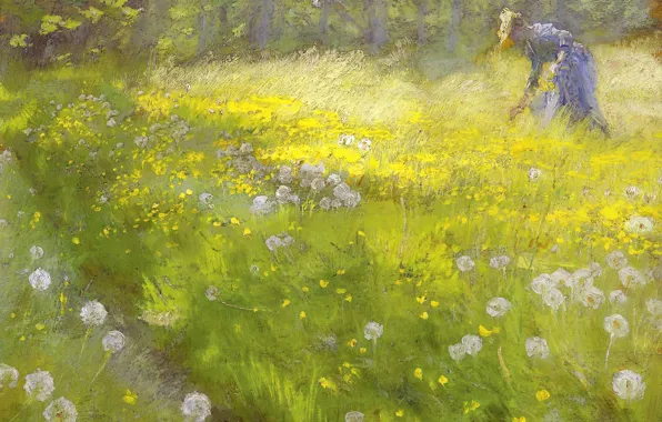 Картина, одуванчики, 1892, Педер Северин Кройер, пейзаз, Peder Severin Kroyer, Мария Кройер в саду в …