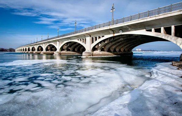 Картинка лед, зима, небо, мост, река