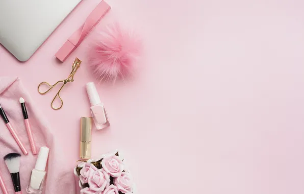 Розовый, инструменты, кисти, розовый фон, pink, лак для ногтей