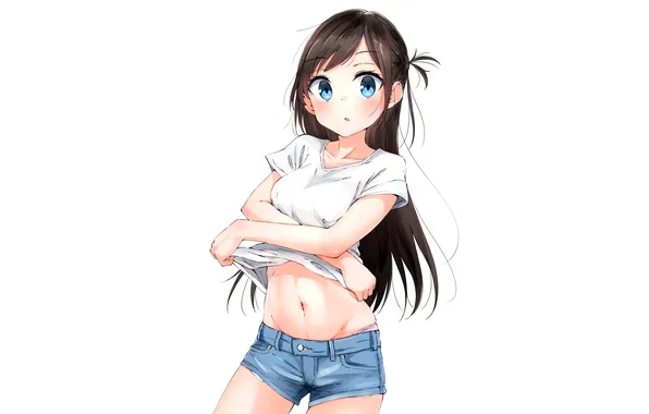 Girl, sexy, shorts, long hair, boobs, sexy girl, blush, anime