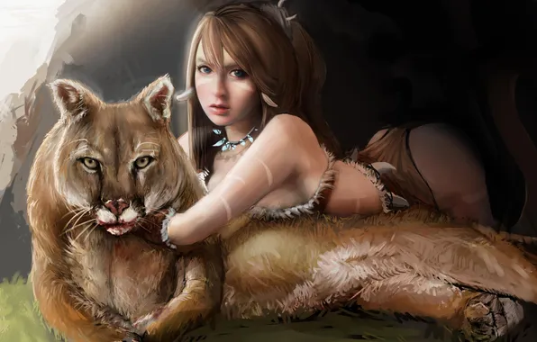 Кошка, девушка, хищник, арт, пума, league of legends, nidalee