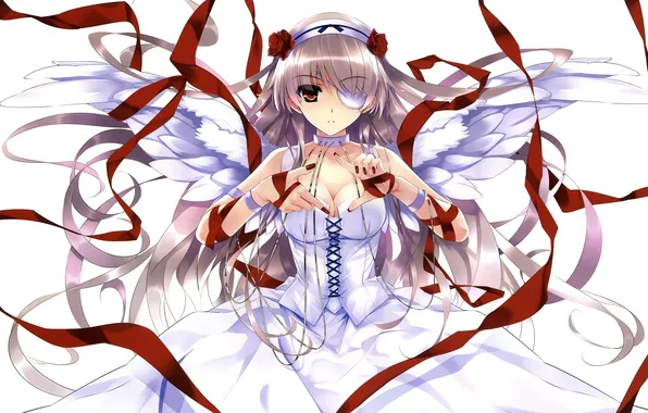 Картинка девушка, ленты, розы, крылья, платье, арт, повязка, misaki kurehito