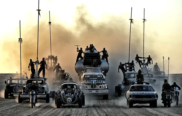 Машины, пустыня, пыль, воины, постапокалиптика, Mad Max, Fury Road, Безумный Макс