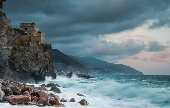 Картинка море, скала, камни, побережье, башня, Италия, Italy, Монтероссо-аль-Маре