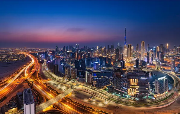 Здания, дороги, дома, Дубай, ночной город, Dubai, небоскрёбы, ОАЭ