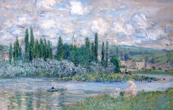 Картинка деревья, пейзаж, река, картина, Клод Моне, Вид Ветёй