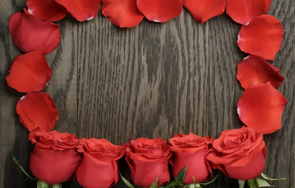 Букет, лепестки, red, wood, romantic, roses, красные розы