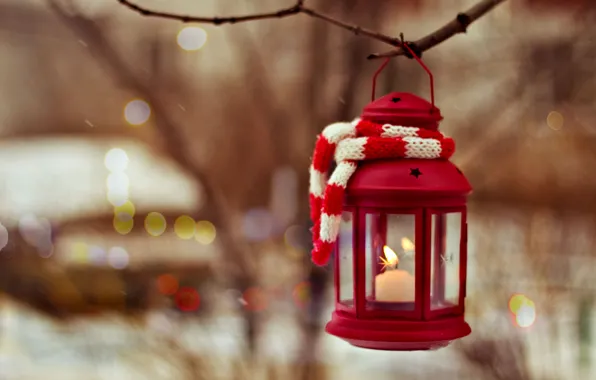 Зима, дерево, новый год, рождество, свечи, фонарь, christmas, candle