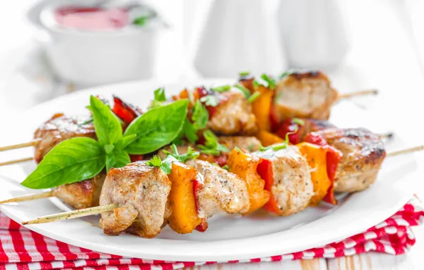 Мясо, овощи, шашлык, базилик