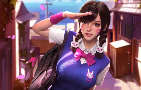Картинка девушка, улица, Overwatch, D.Va