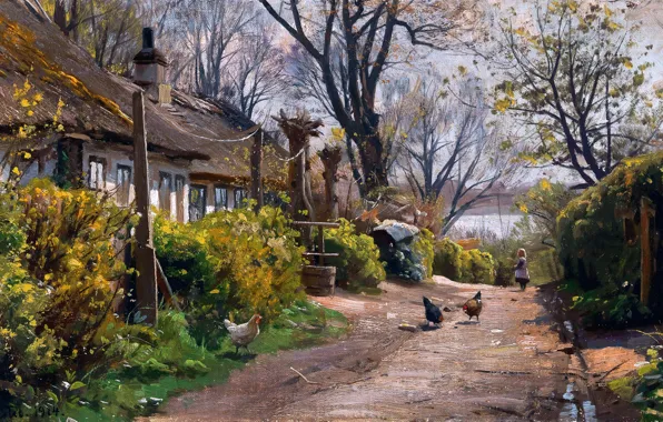 Дома, Дорога, Деревья, Картина, Ребенок, Летний день, Peder Mork Monsted, Петер Мёрк Мёнстед