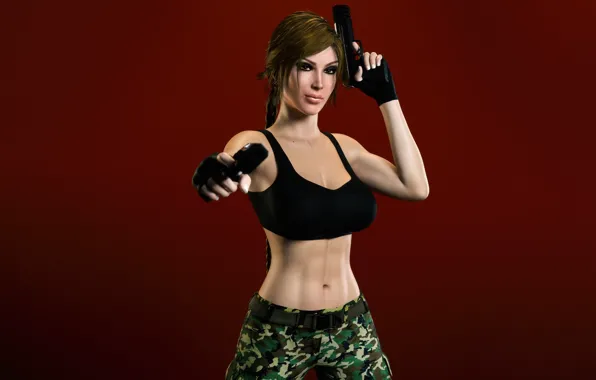 Грудь, взгляд, девушка, пистолеты, lara croft, tomb raider