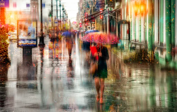 Девушка, капли, дождь, зонт, Санкт-Петербург, Россия, Невский проспект