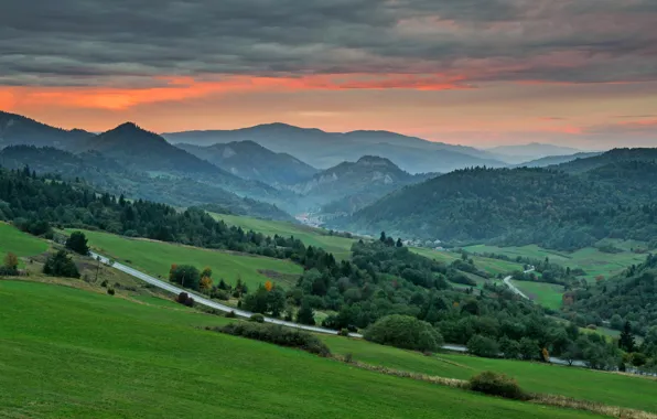 Лес, горы, рассвет, Европа, Slovakia, Словакия