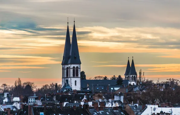 Germany, sunset, church, Wiesbaden