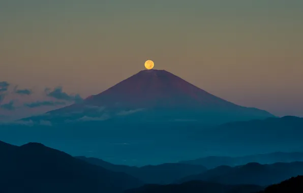 Картинка осень, небо, ночь, луна, гора, Япония, Фудзияма, Сентябрь