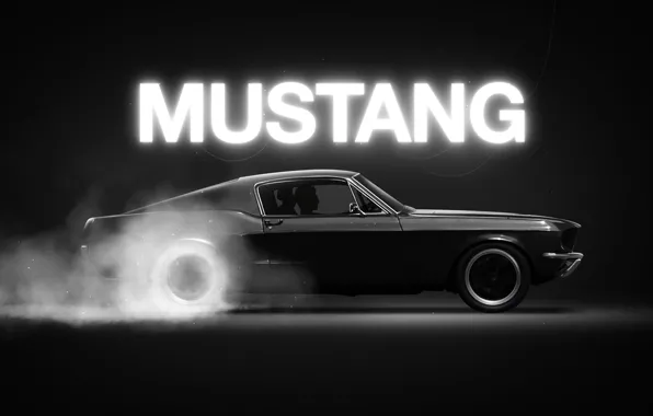 Mustang, Ford, Авто, Черный, Рисунок, Дым, Неон, Машина