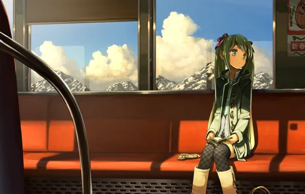 Картинка девушка, облака, горы, поезд, арт, вагон, сиденья, vocaloid