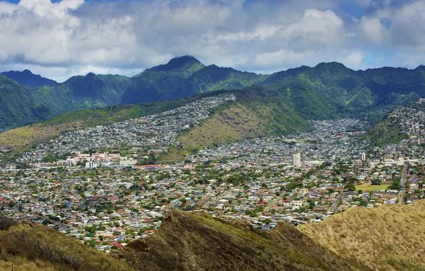 Картинка горы, дома, долина, Гавайи, США, урбанизация