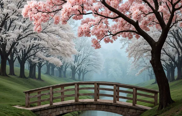 Деревья, парк, весна, сакура, цветение, trees, pink, blossom