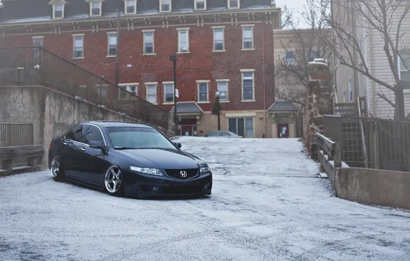 Зима, снег, город, honda, погода, accord, stance