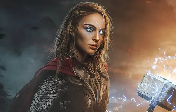 Глаза, молния, молот, герой, костюм, Natalie Portman, lady thor