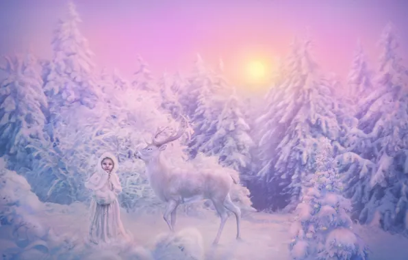 Картинка зима, лес, солнце, снег, игрушки, ель, олень, мороз