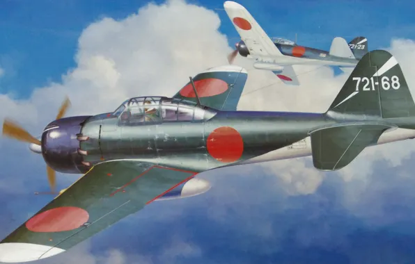 Aircraft, airplane, painting, aviation, Mitsubishi A6M5c zero fighter type 52 Hei