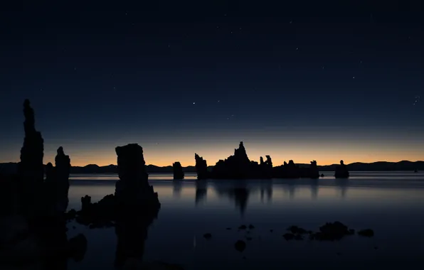 Звезды, озеро, отражение, рассвет, California, Mono Lake