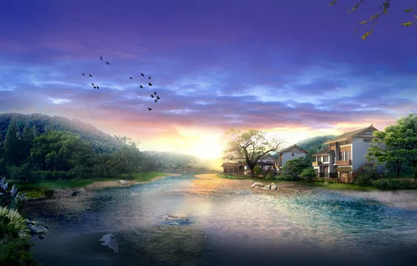 Картинка дом, река, Птицы