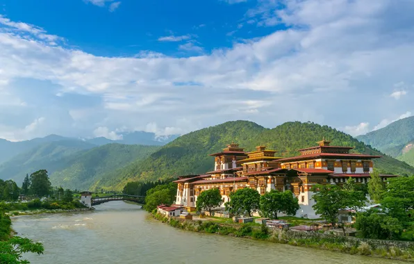 Горы, река, Азия, монастырь, Asia, Bhutan, Punakha