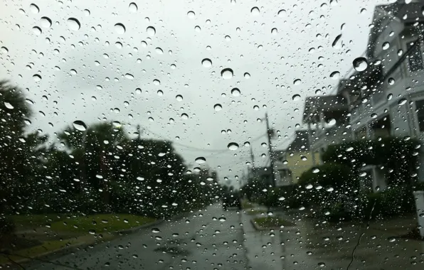 Стекло, капли, город, дождь, rainy day