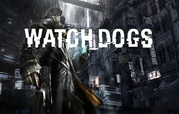 Город, пистолет, оружие, дождь, мужчина, Ubisoft, 2013, Watch Dogs