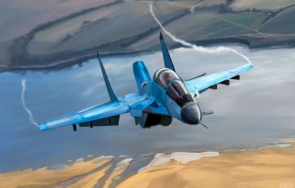 Картинка Рисунок, Самолет, Полет, Истребитель, Крылья, Россия, ВВС, MiG-35