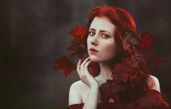 Осень, листья, девушка, стиль, портрет, рыжеволосая, косплей, Eva Wald