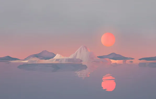 Солнце, Минимализм, Горы, Звезда, Арт, Landscape, Sun, Low Poly
