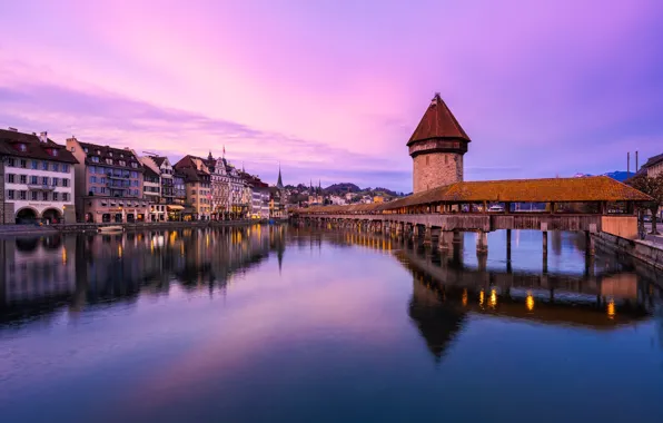 Закат, мост, отражение, река, здания, дома, Швейцария, Switzerland