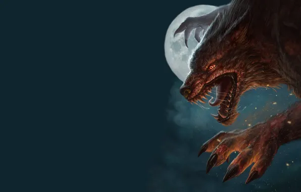 Темный фон, луна, волк, монстр, зверь, оборотень, werewolf