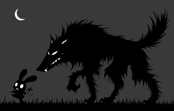 Картинка трава, ночь, опасность, луна, волк, заяц, месяц, силуэт