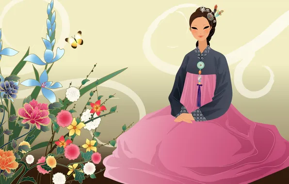 Картинка девушка, цветы, бабочка, арт, азиатка, ханбок