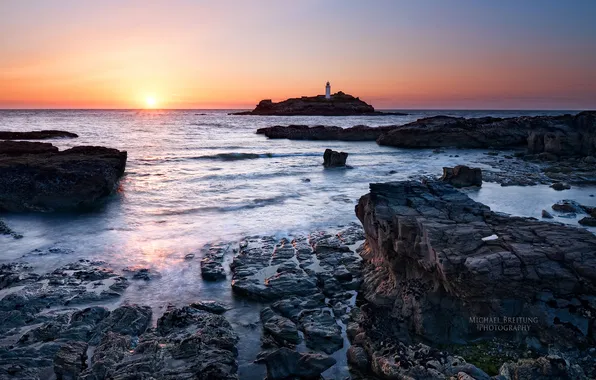 Картинка море, солнце, закат, маяк, Англия, вечер, Michael Breitung
