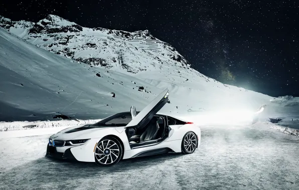 BMW, Sky, Front, Mountain, Snow, White, Ligth, Nigth