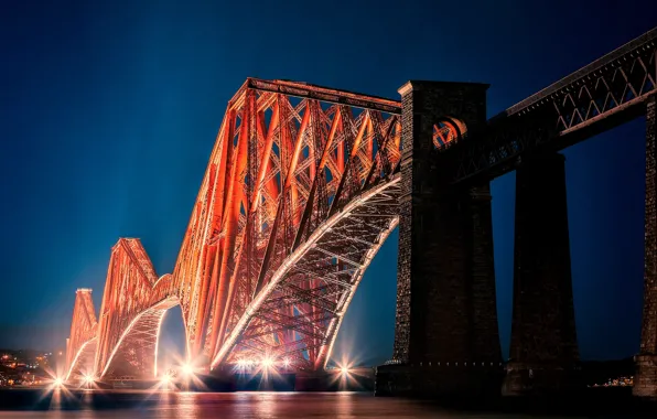 Картинка мост, город, огни, вечер, Шотландия, подсветка, залив, Scotland