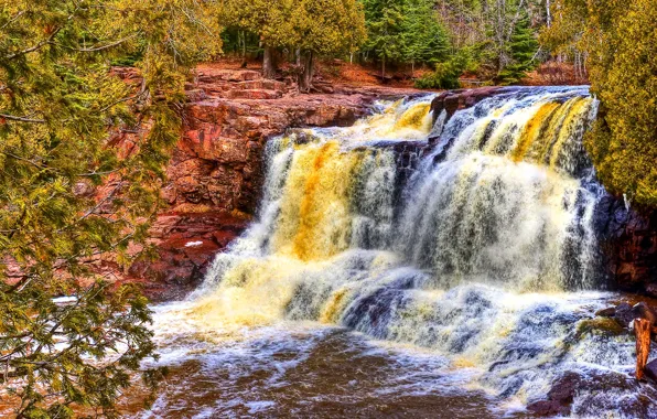 Картинка лес, деревья, река, скалы, цвет, поток, США, Minnesota