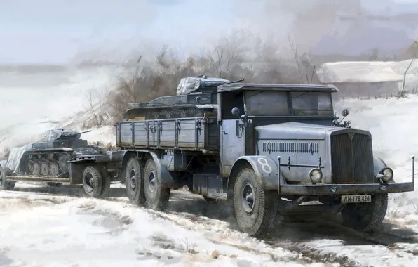 Грузовик, танки, перевозка, Faun L900, трейлер SdAh 115, PZ II