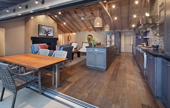 Простор, кухня, камин, особняк, Design, Interior, Kitchen