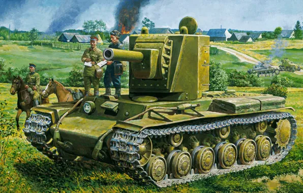 War, art, painting, tank, ww2, KV-2, Kliment Voroshilov tank