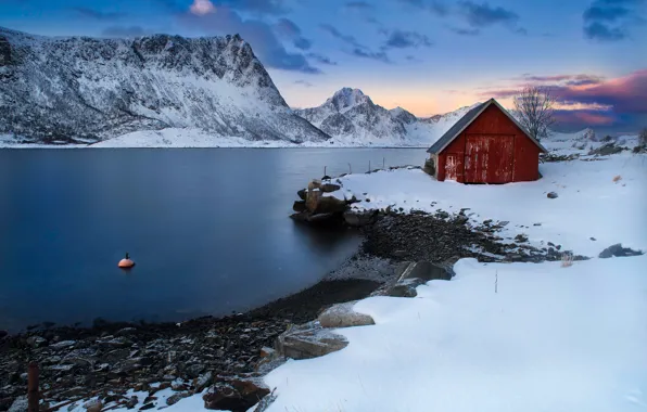 Картинка зима, море, снег, горы, дом, Норвегия, Norway, фьорд