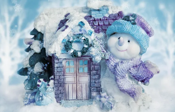 Картинка снег, украшения, улыбка, фон, настроение, праздник, новый год, домик